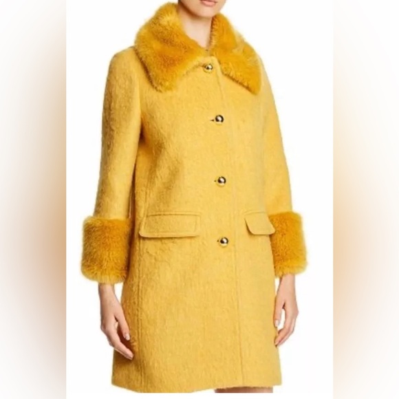 Kate Spade Fluffy Wool Faux Fur Trim Yellow Coat - Picture 2 of 10